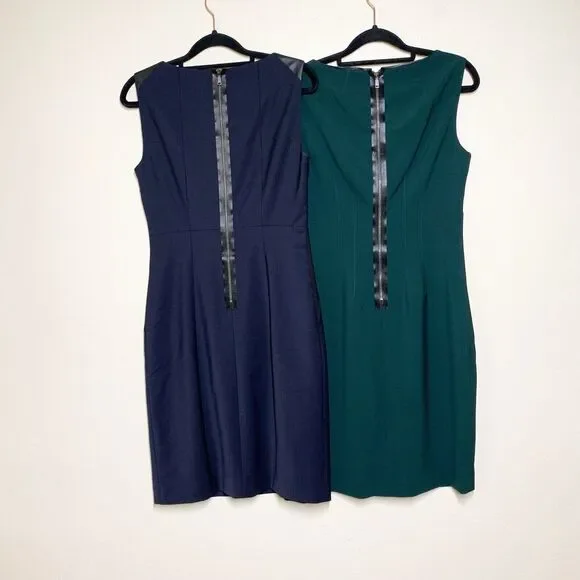 Lot of 2 Elie Tahari Office Career Dresses size 2 Blue Green Leather Trim Sheath - Picture 4 of 9